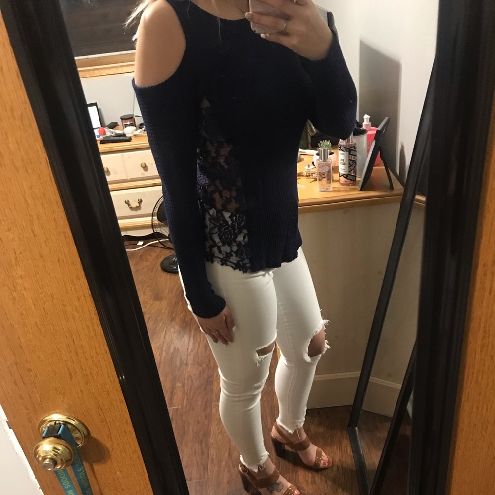Cold shoulder waffle knit top